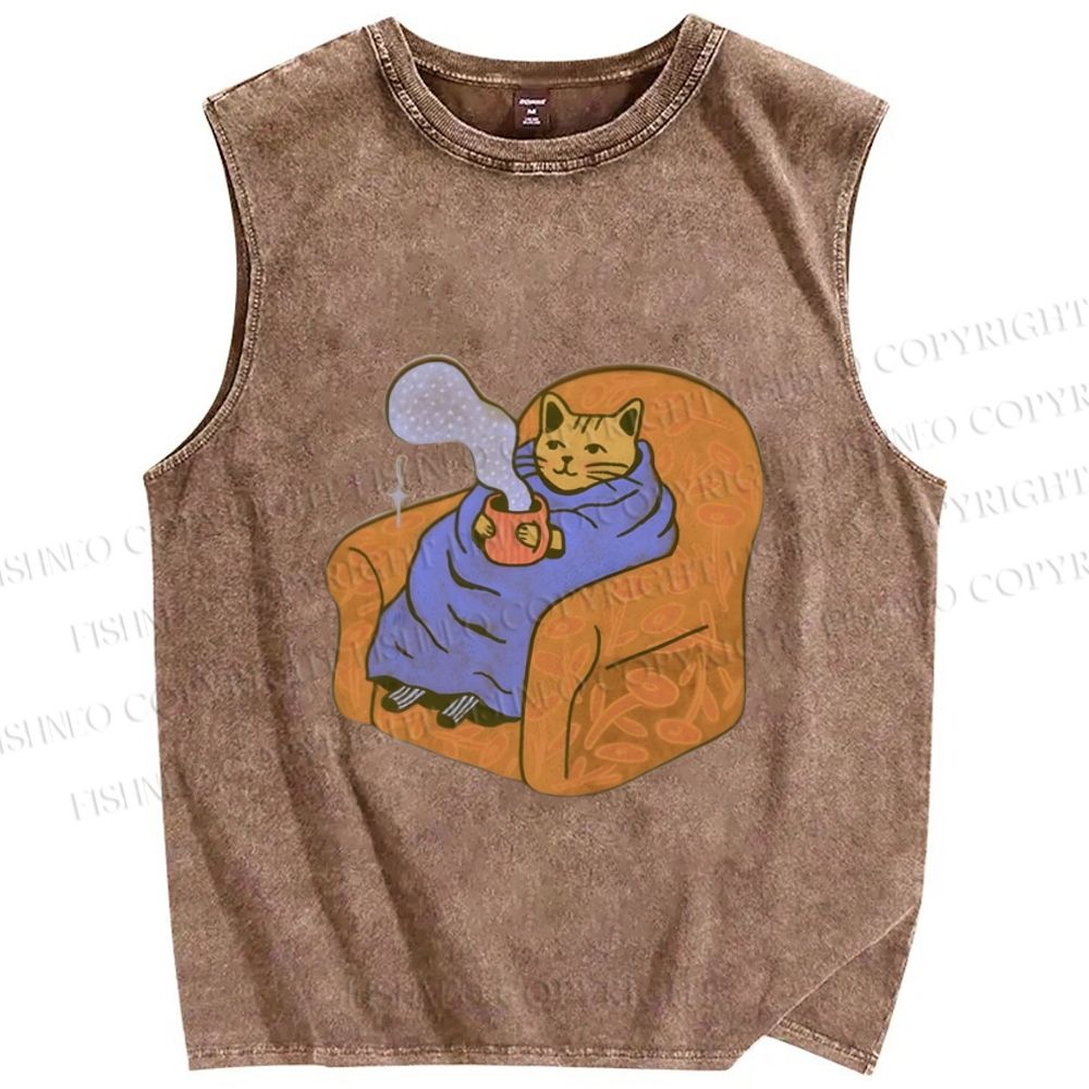 Unisex Cat in Sofa Got a Hot Tea Printed Washed Tank Top
