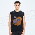 Unisex Cat in Sofa Got a Hot Tea Printed Washed Tank Top