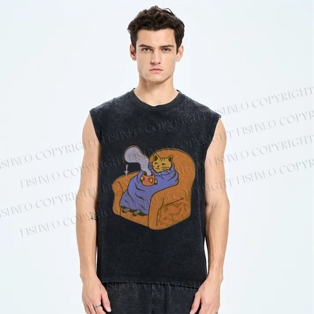 Unisex Cat in Sofa Got a Hot Tea Printed Washed Tank Top