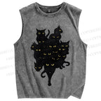 Unisex Ninja Shadow Cat Printed Washed Tank Top
