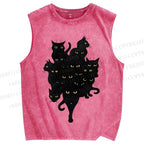 Unisex Ninja Shadow Cat Printed Washed Tank Top