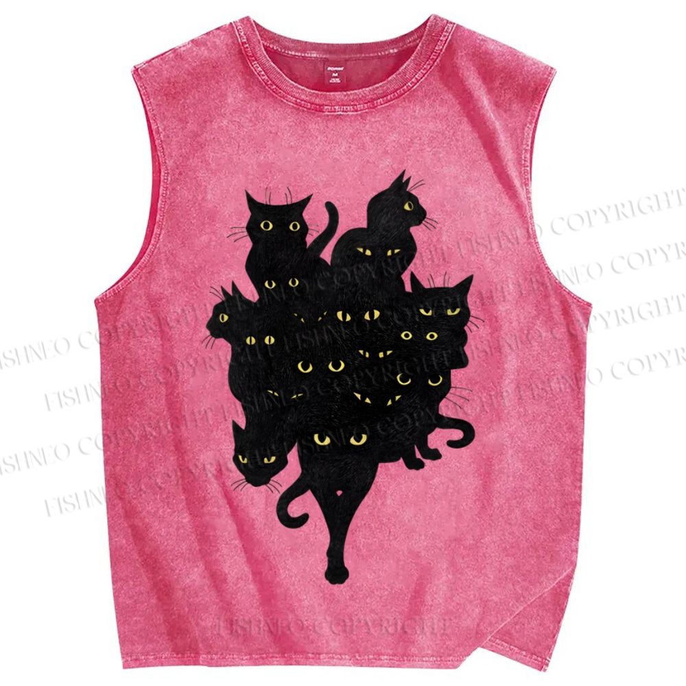 Unisex Ninja Shadow Cat Printed Washed Tank Top