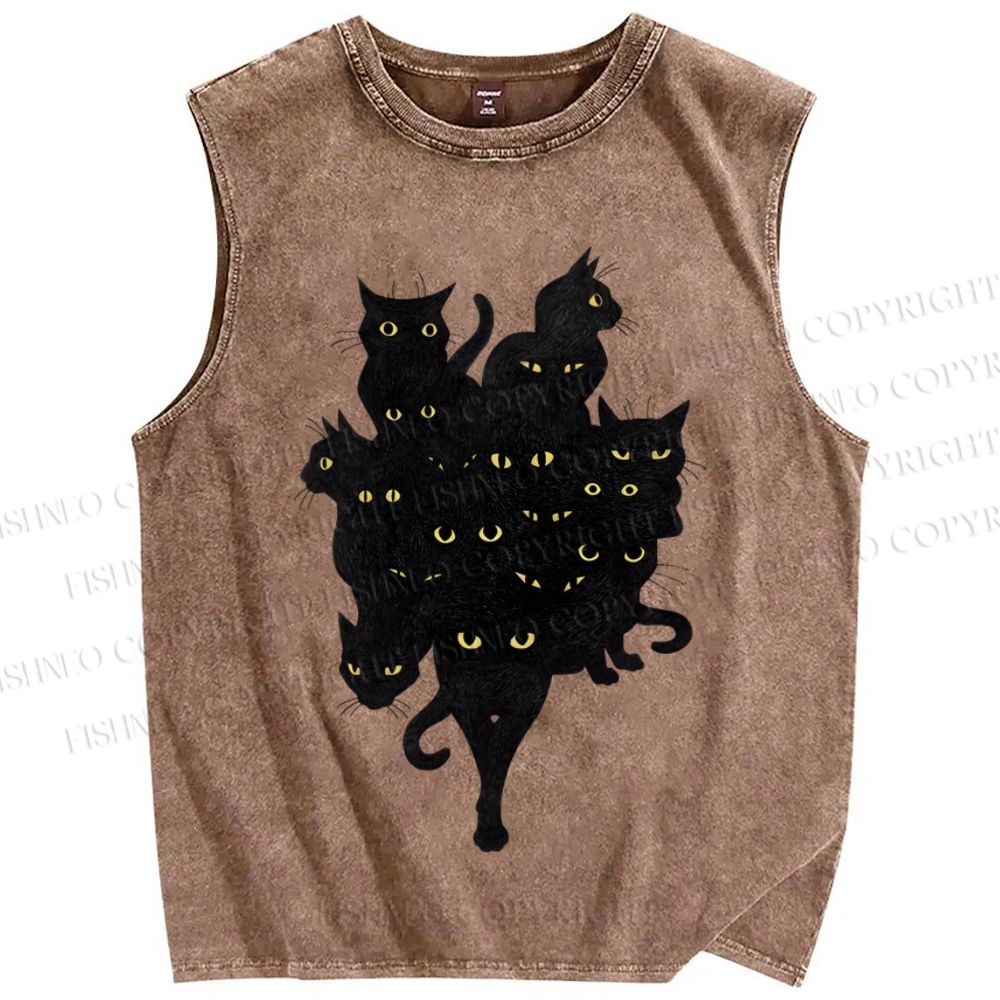 Unisex Ninja Shadow Cat Printed Washed Tank Top