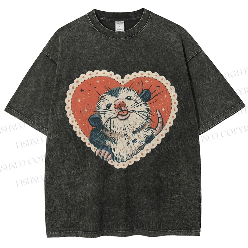 Unisex Opossum in Heart Printed Washed Tee