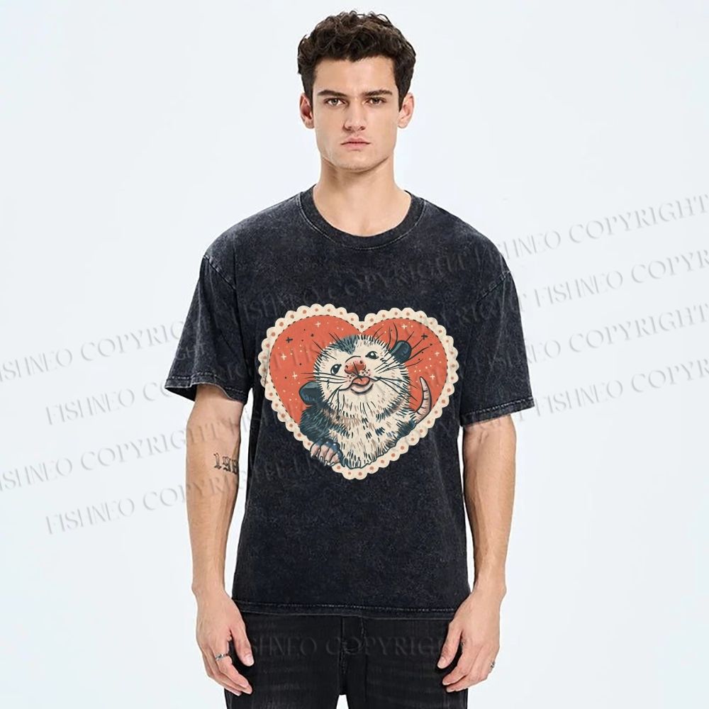 Unisex Opossum in Heart Printed Washed Tee