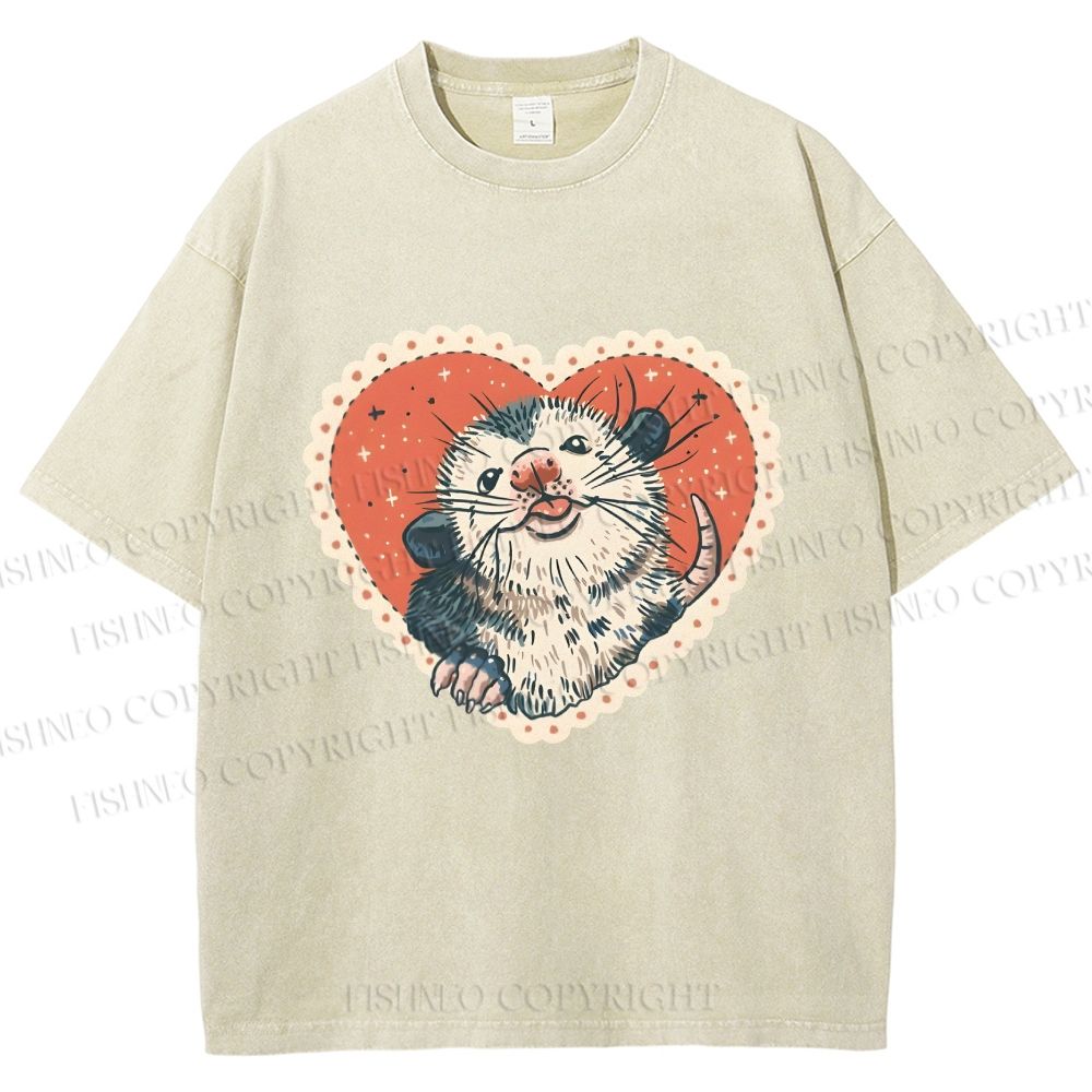 Unisex Opossum in Heart Printed Washed Tee