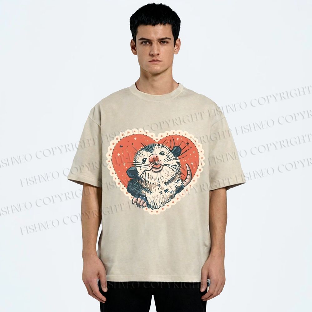 Unisex Opossum in Heart Printed Washed Tee