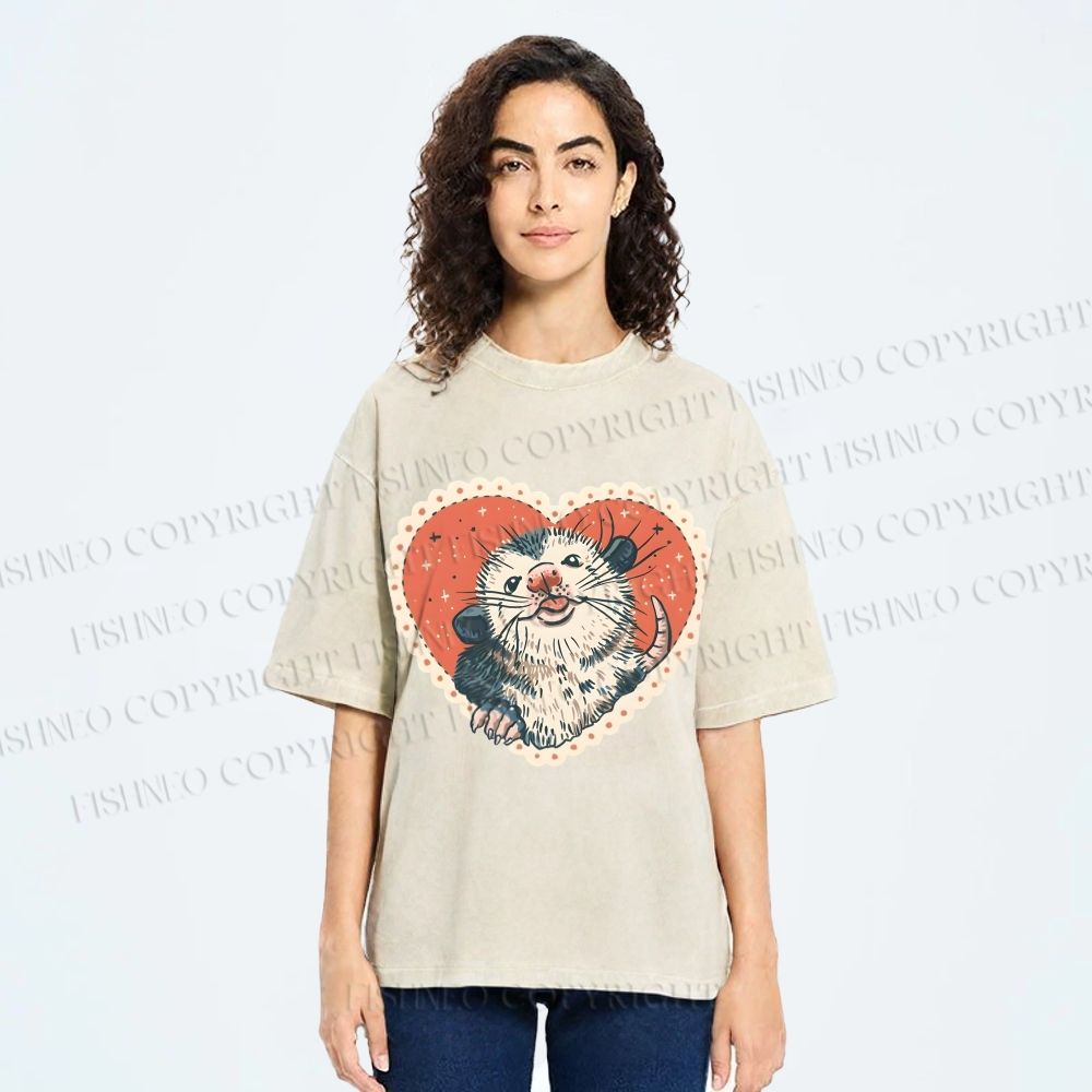 Unisex Opossum in Heart Printed Washed Tee