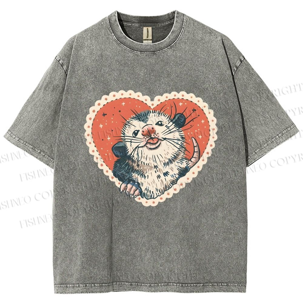Unisex Opossum in Heart Printed Washed Tee