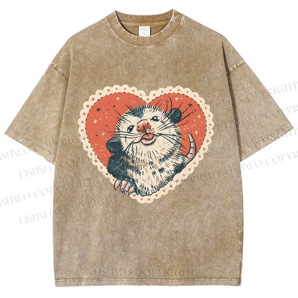 Unisex Opossum in Heart Printed Washed Tee