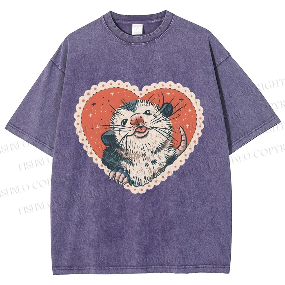 Unisex Opossum in Heart Printed Washed Tee