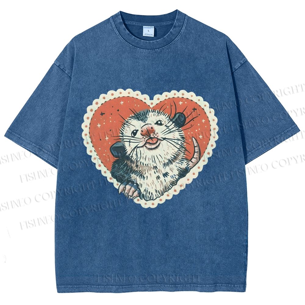 Unisex Opossum in Heart Printed Washed Tee