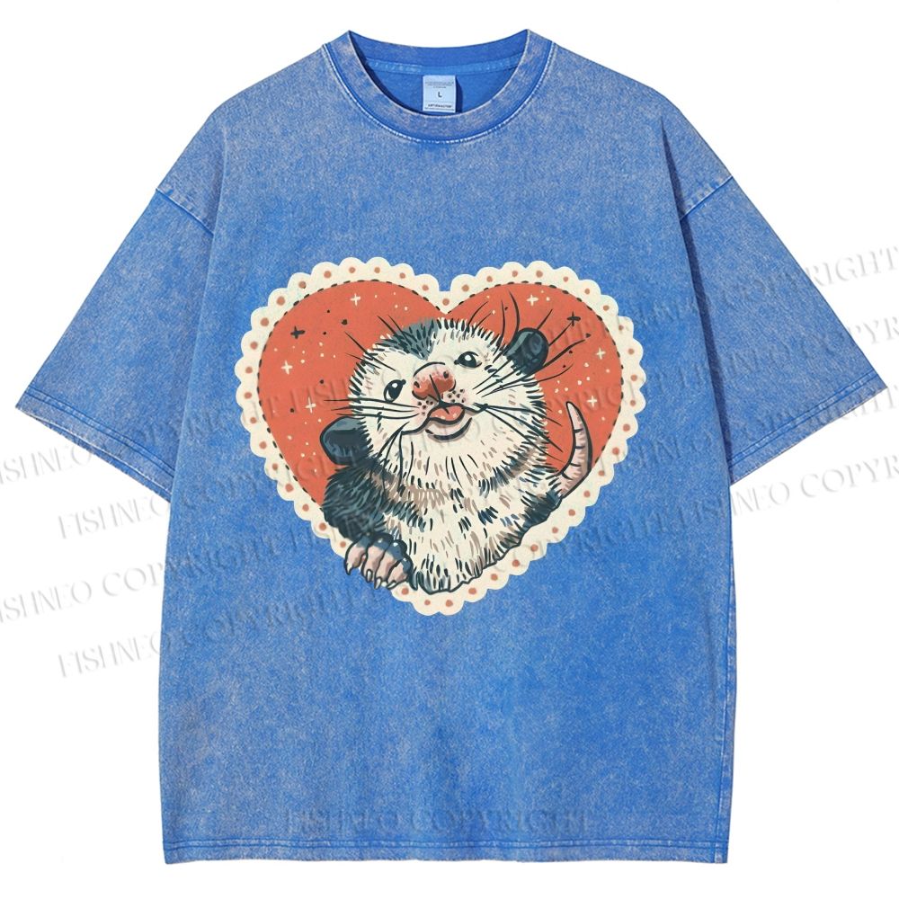 Unisex Opossum in Heart Printed Washed Tee