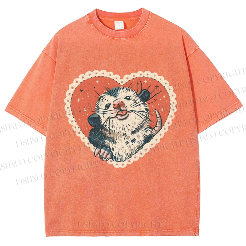 Unisex Opossum in Heart Printed Washed Tee