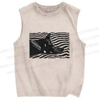 Unisex Wave Cat Printed Washed Tank Top