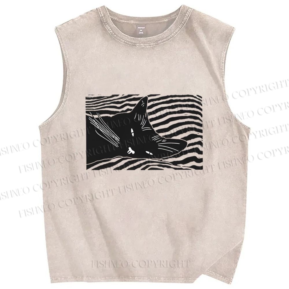 Unisex Wave Cat Printed Washed Tank Top