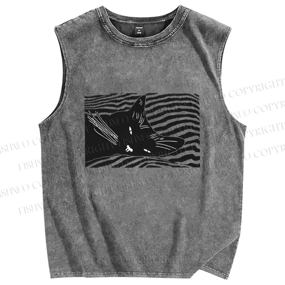 Unisex Wave Cat Printed Washed Tank Top