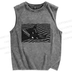 Unisex Wave Cat Printed Washed Tank Top