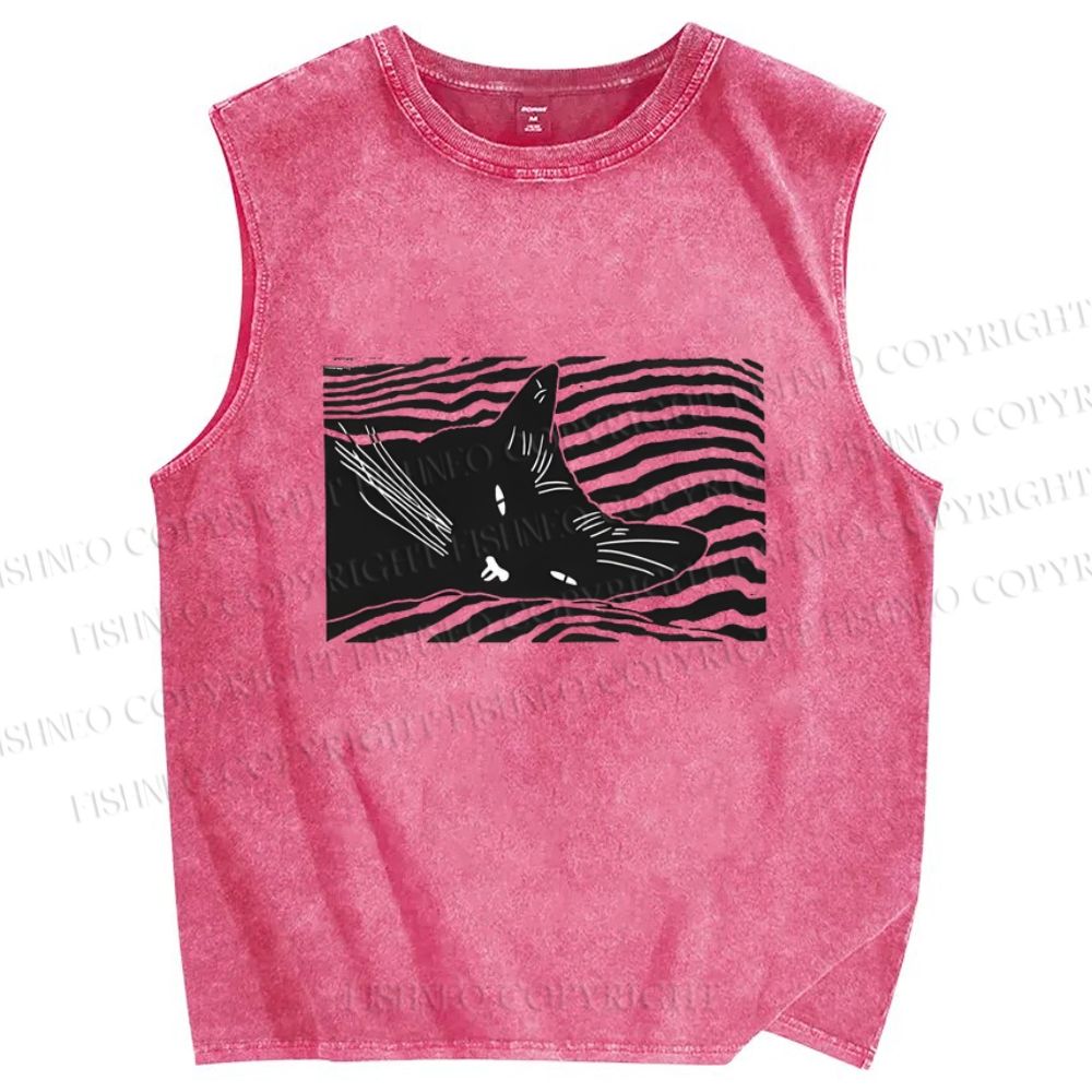 Unisex Wave Cat Printed Washed Tank Top