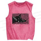 Unisex Wave Cat Printed Washed Tank Top