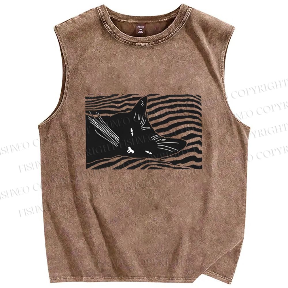 Unisex Wave Cat Printed Washed Tank Top