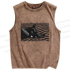 Unisex Wave Cat Printed Washed Tank Top