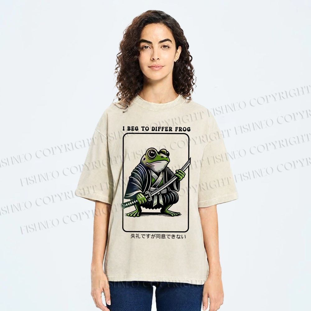 Unisex Samurai Frog Printed Washed Tee