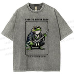 Unisex Samurai Frog Printed Washed Tee