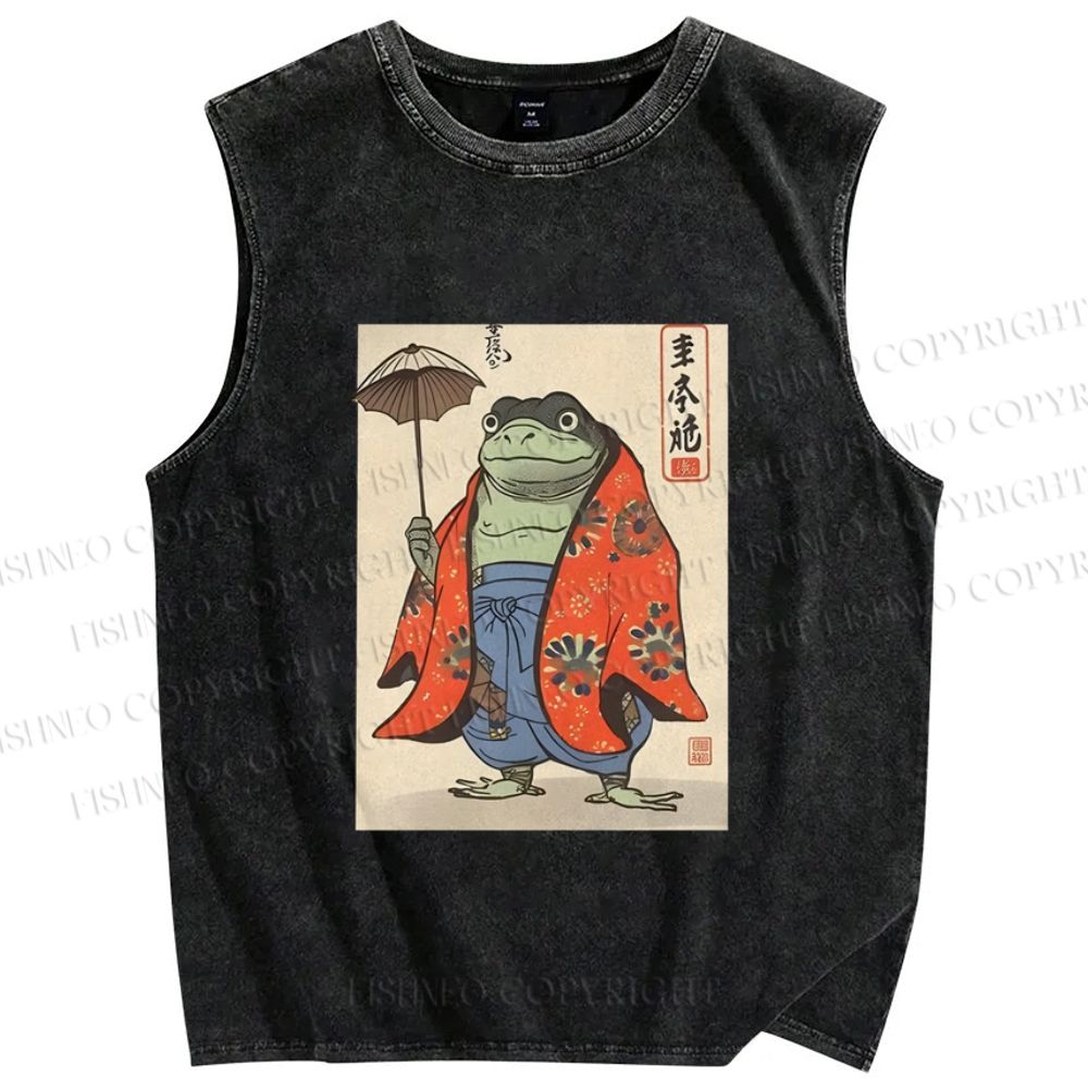 Unisex Japanese Vintage Frog Printed Washed Tank Top