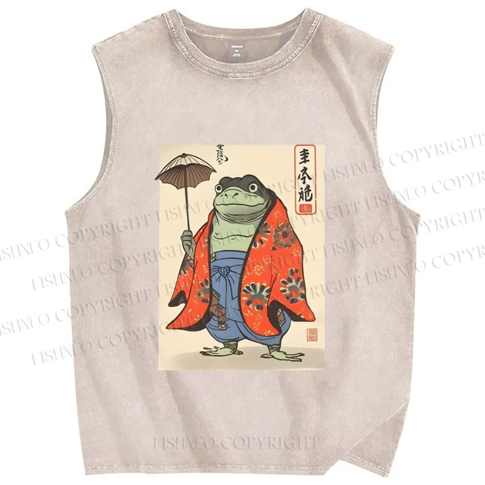 Unisex Japanese Vintage Frog Printed Washed Tank Top