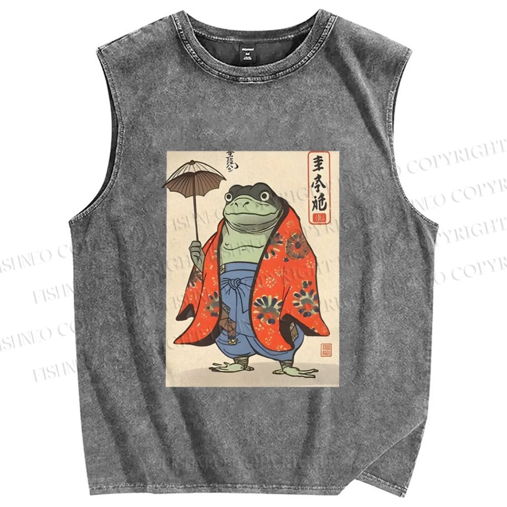 Unisex Japanese Vintage Frog Printed Washed Tank Top