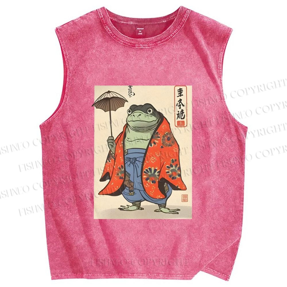 Unisex Japanese Vintage Frog Printed Washed Tank Top