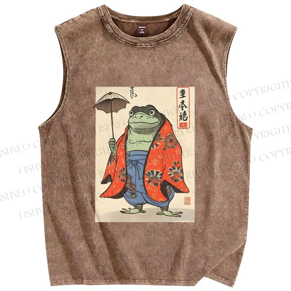 Unisex Japanese Vintage Frog Printed Washed Tank Top