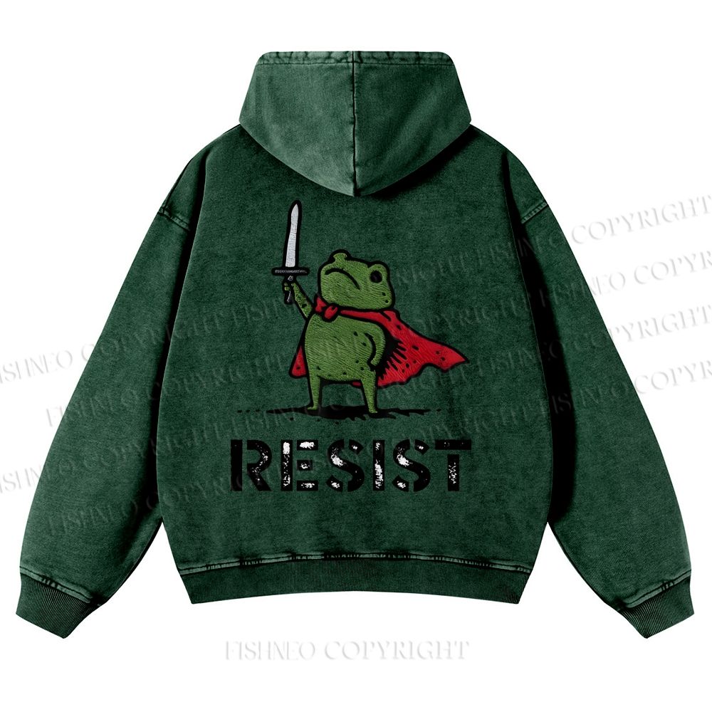 Resist Frog Printed Casual Washed Hoodie