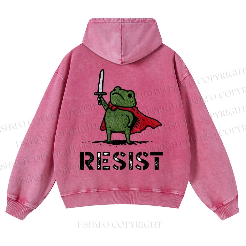 Resist Frog Printed Casual Washed Hoodie