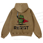 Resist Frog Printed Casual Washed Hoodie