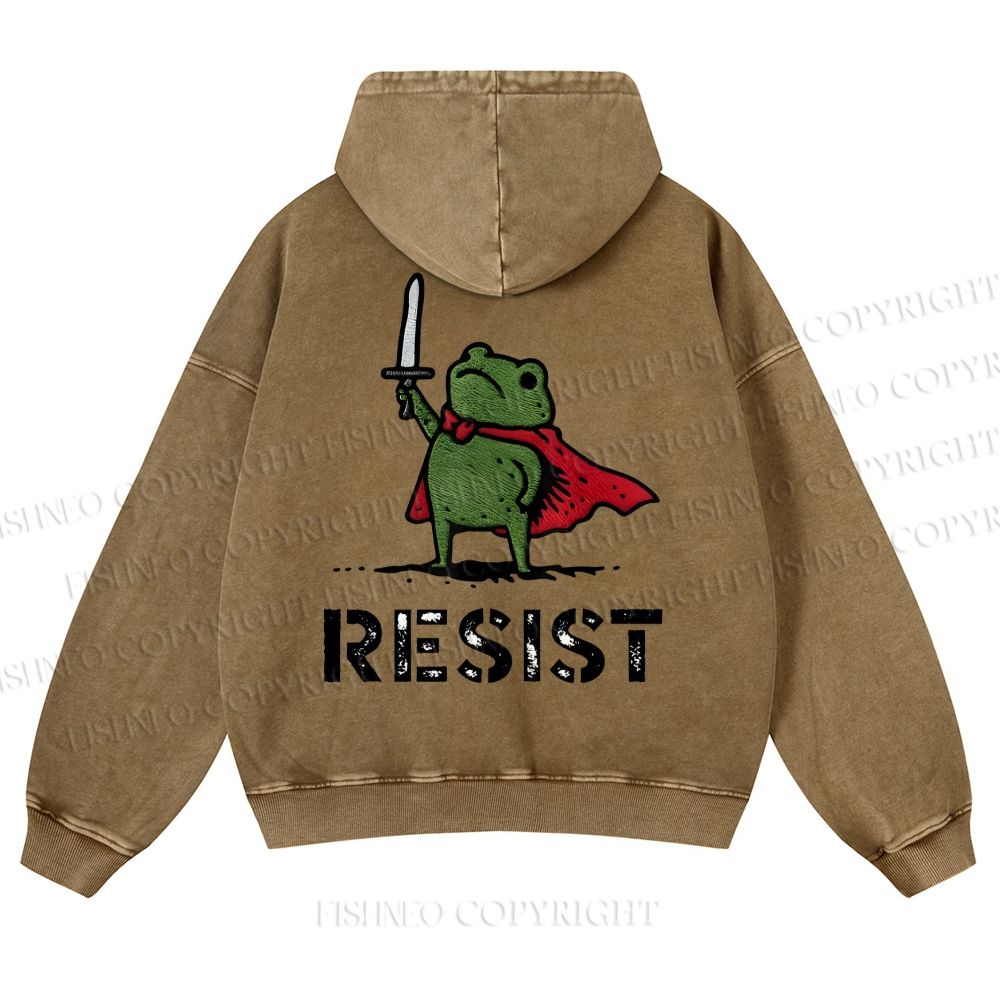 Resist Frog Printed Casual Washed Hoodie