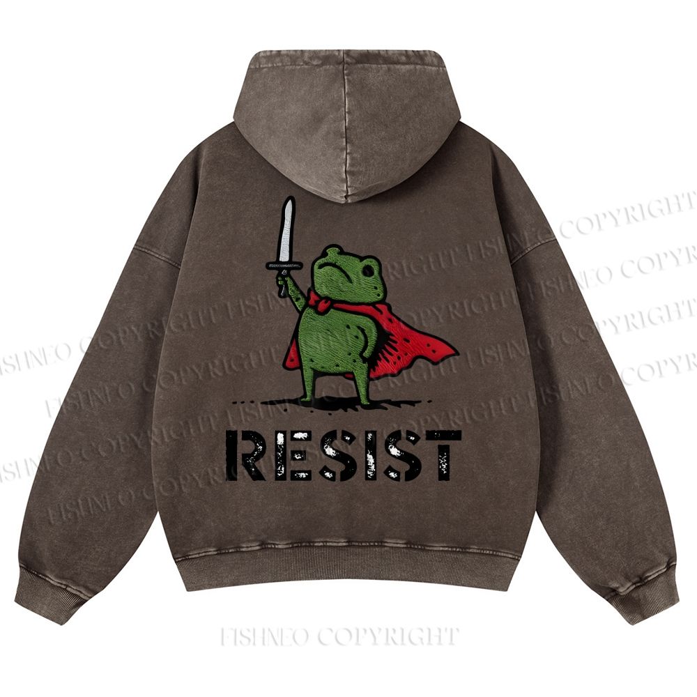 Resist Frog Printed Casual Washed Hoodie