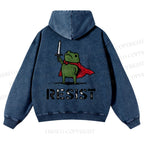 Resist Frog Printed Casual Washed Hoodie