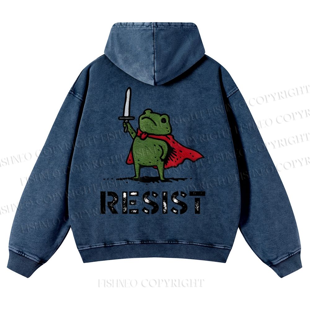 Resist Frog Printed Casual Washed Hoodie