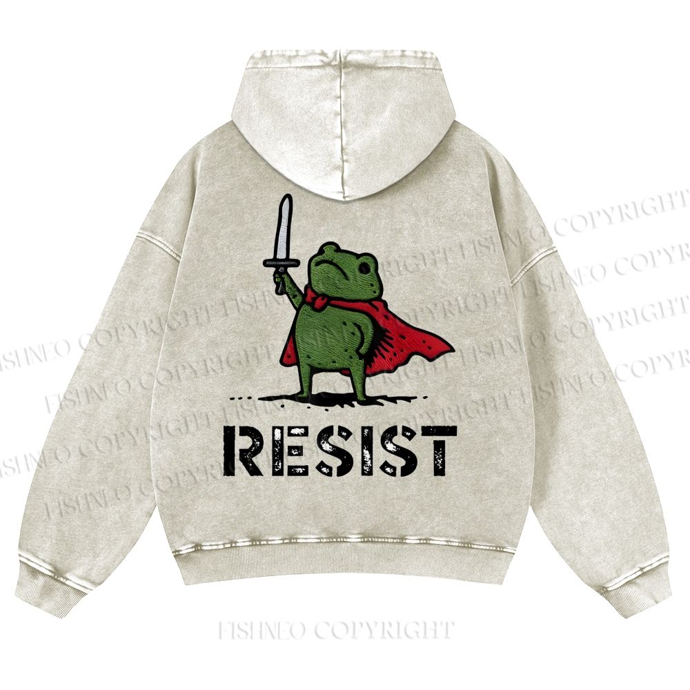 Resist Frog Printed Casual Washed Hoodie