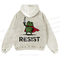 Resist Frog Printed Casual Washed Hoodie