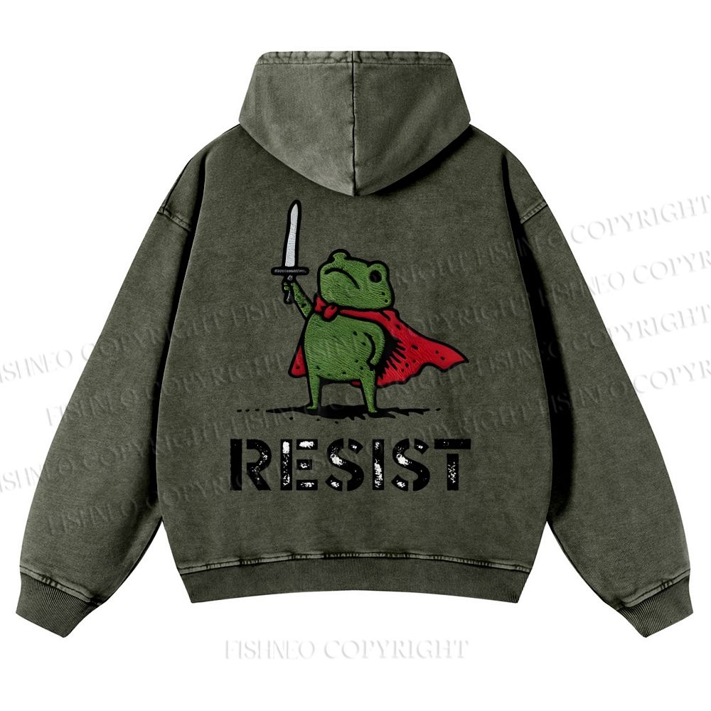 Resist Frog Printed Casual Washed Hoodie