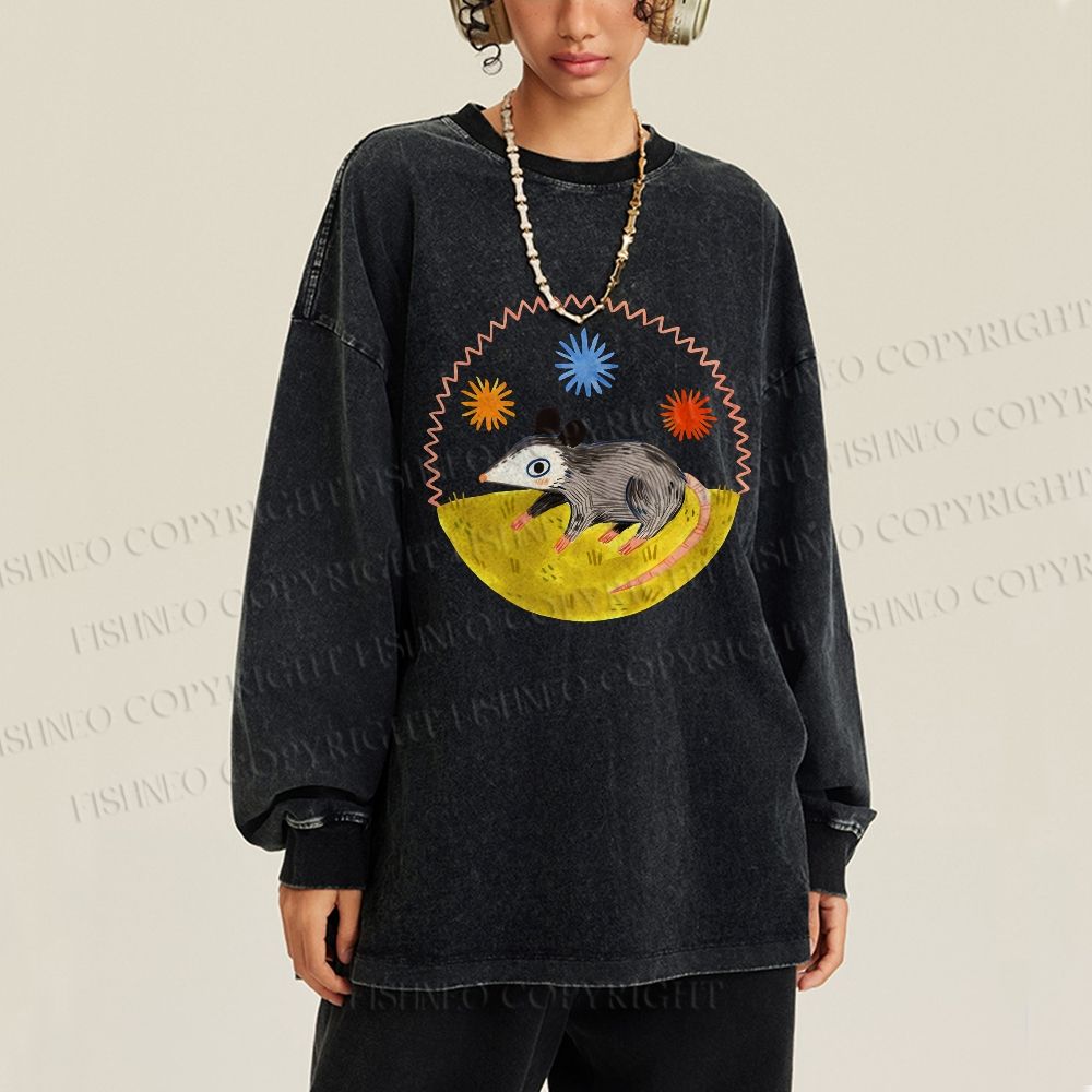 Unisex Casual Washed Cute Opossum Printed Long Sleeve T-shirt