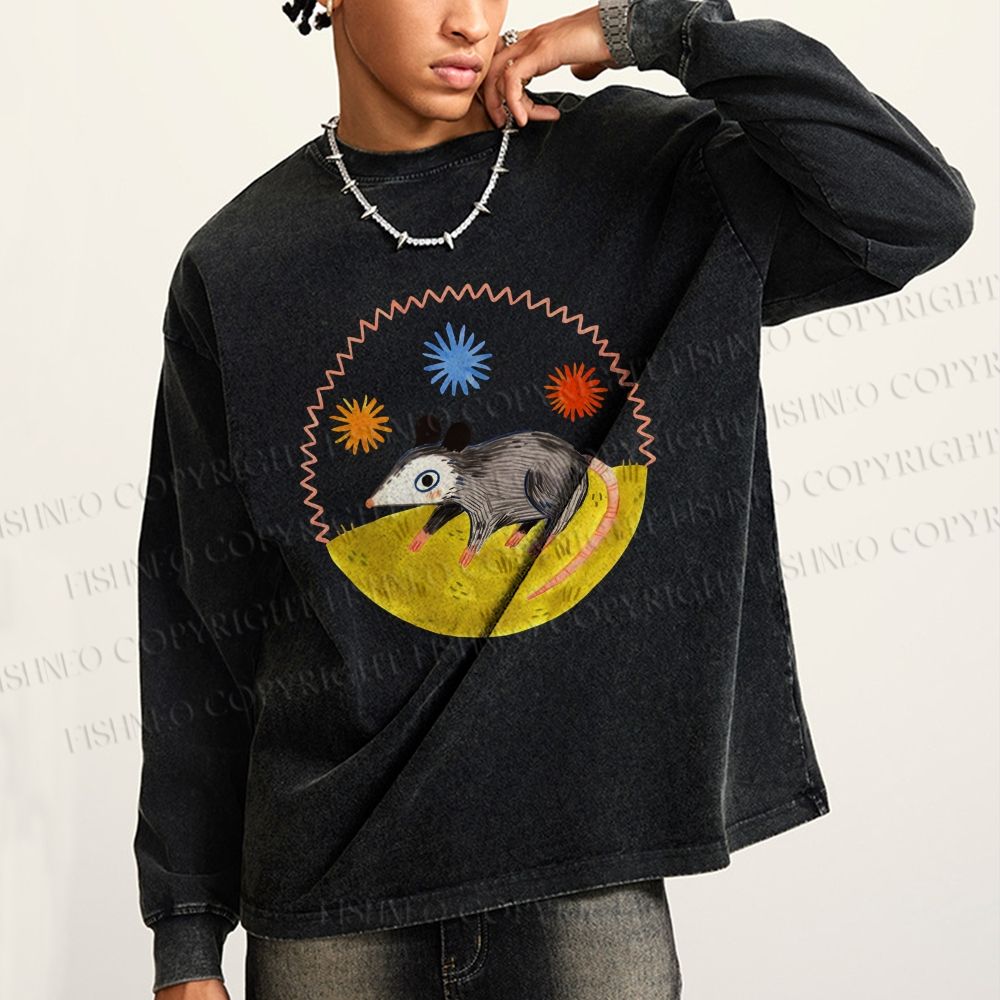 Unisex Casual Washed Cute Opossum Printed Long Sleeve T-shirt