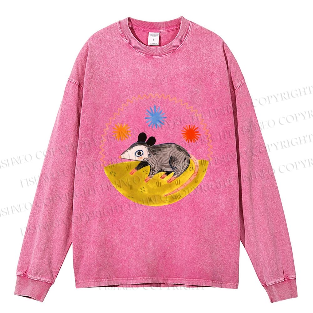Unisex Casual Washed Cute Opossum Printed Long Sleeve T-shirt