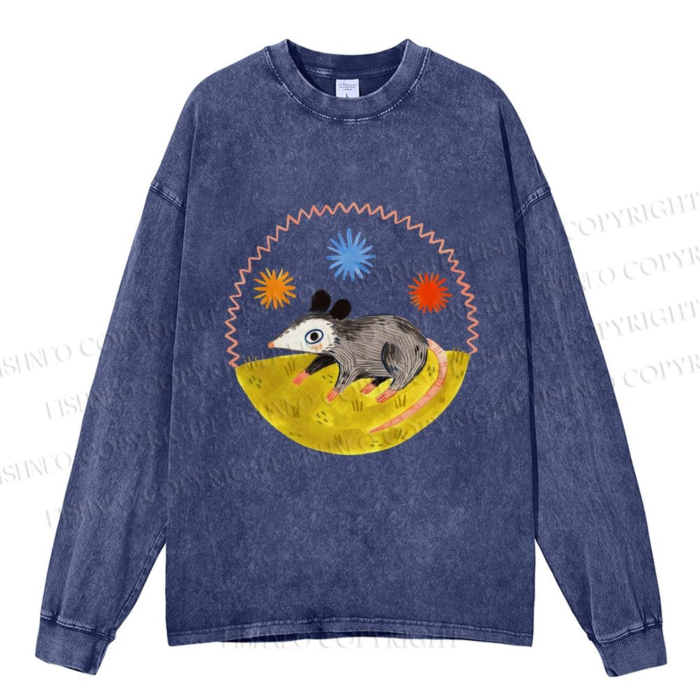 Unisex Casual Washed Cute Opossum Printed Long Sleeve T-shirt