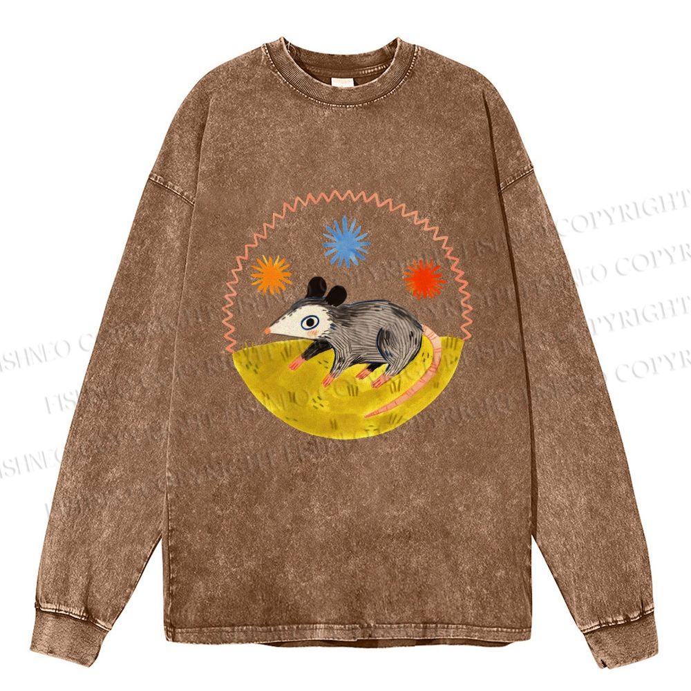 Unisex Casual Washed Cute Opossum Printed Long Sleeve T-shirt