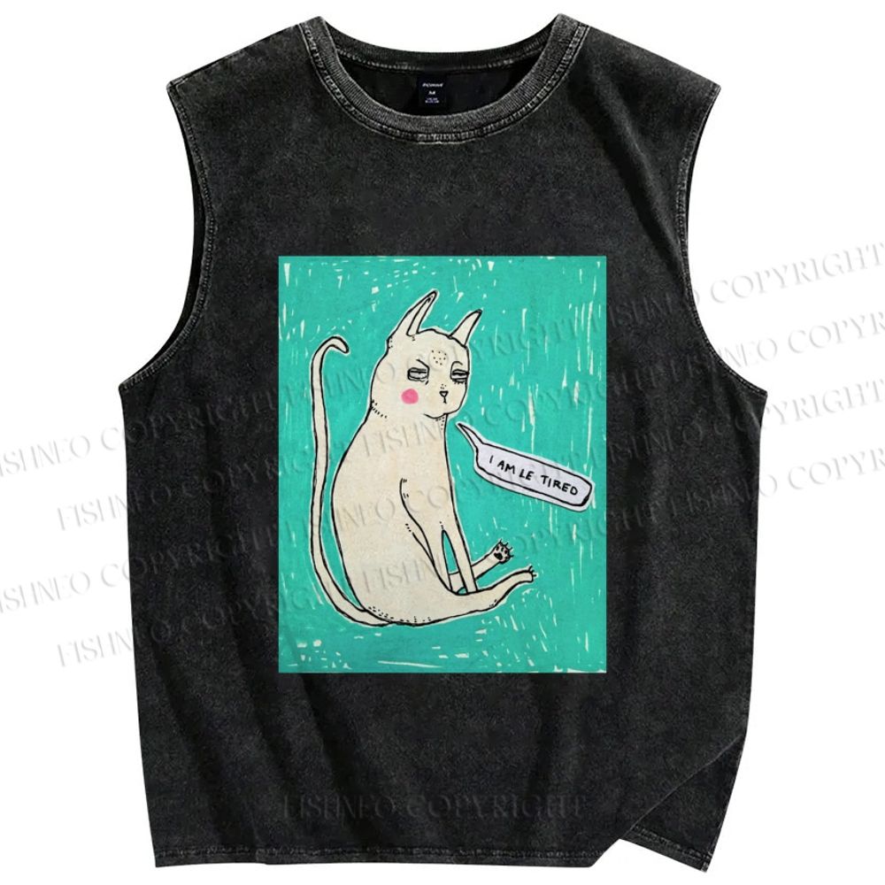 Unisex I Am Le Tired Cat Printed Washed Tank Top