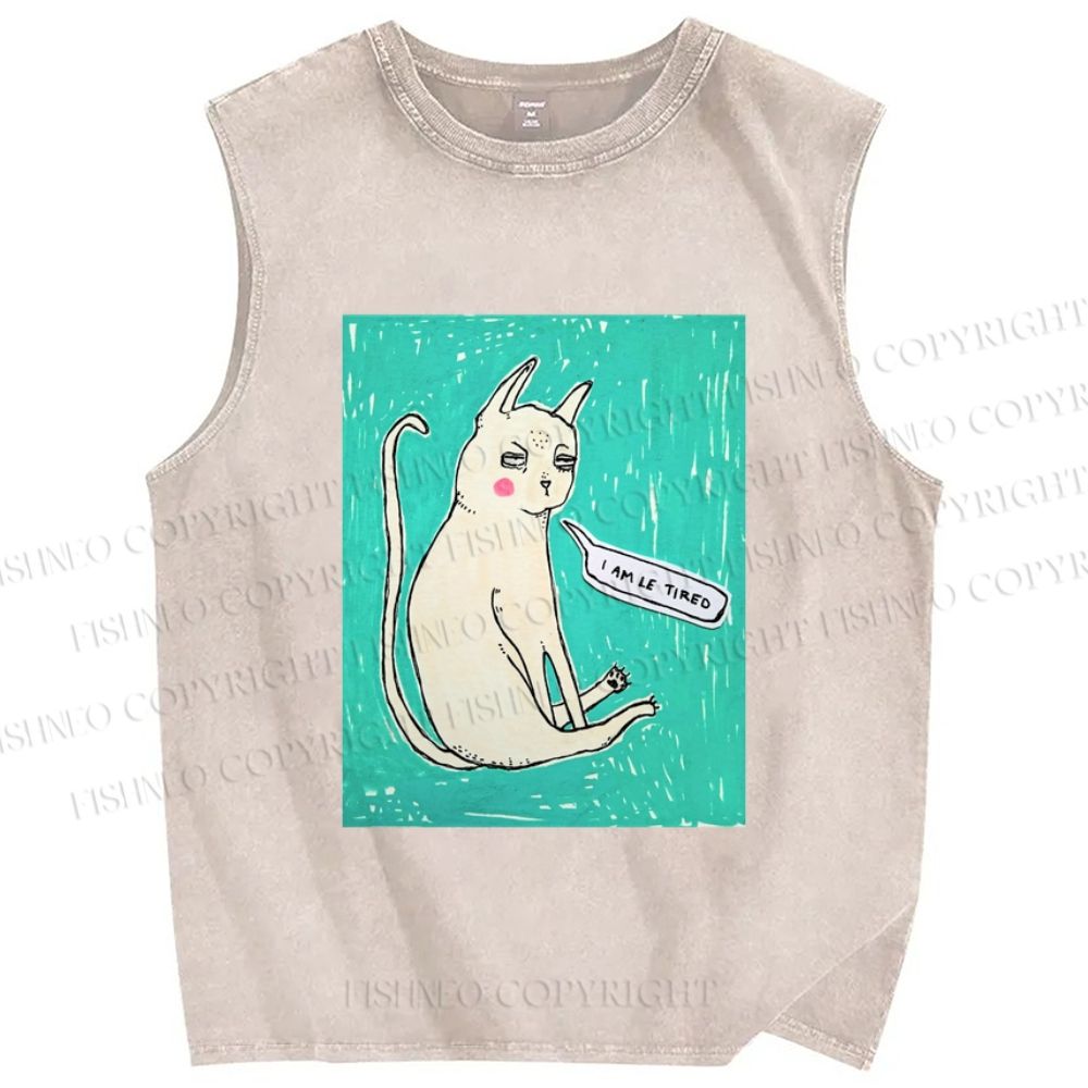 Unisex I Am Le Tired Cat Printed Washed Tank Top